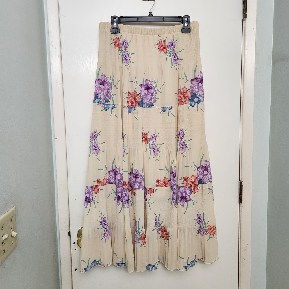 Floral Maxi Skirt in Cream with Purple and Red Accents
